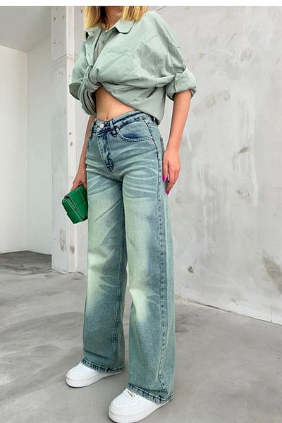 BİKELİFE Women's High Waist Stretchy Palazzo Jeans with Faded Effect