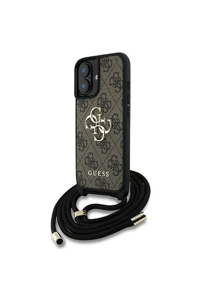 Guess Case for iPhone 16 Plus - Guess Hardcase 4G Big Logo with Cord Strap (GUHCP16MP4GMGCRW) - Brown