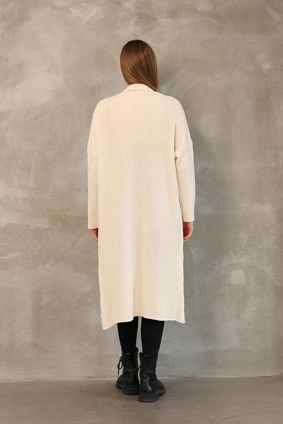 ALCHON V Fold Collar Long Sleeve Ribbed Links Knit Basic Plain Midi Length Loose Wide Fit Winter Knitwear Cardigan