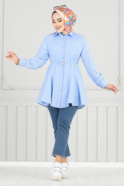 ModaMerve Cămașă cu centură în talie 256ASN936-M Baby Blue