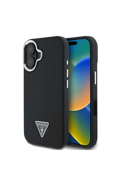 Guess Case for iPhone 16 - Guess Grained Triangle MagSafe (GUHMP16SPGTSPSK) - Black