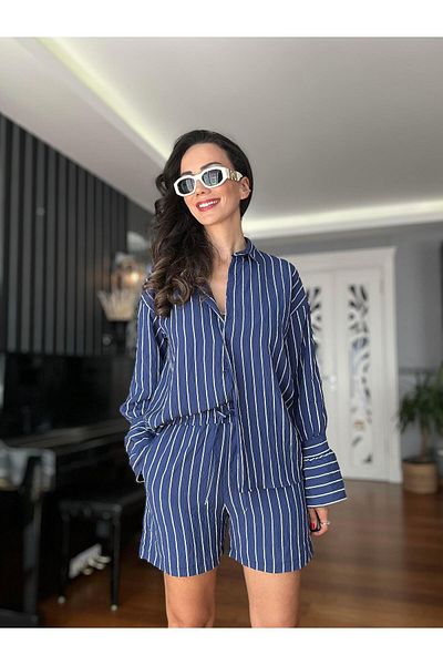 Atelier Derin Navy Blue Striped Shorts Shirt Set