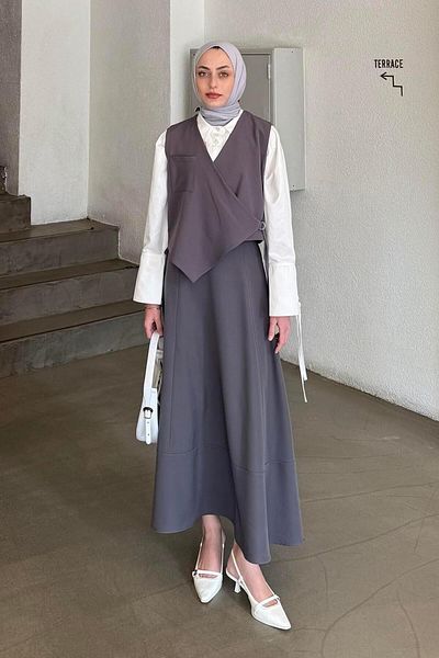 lamelif Lacing Detailed Hijab Suit Gray