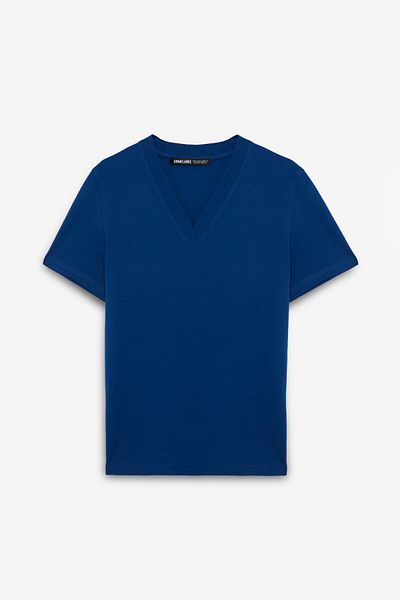 GRIMELANGE Aline Women's 100% Organic Cotton Deep V Neck Comfort Fit Petrol Blue T-Shirt