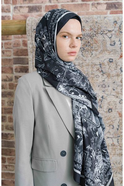 Fatma Atasoy Hibisca Black Ethnic Patterned Shawl