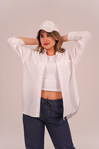 kadın beyaz tek cepli uzun kol oversize 100% pamuk gömlek
