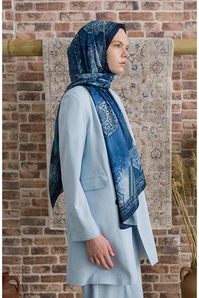Fatma Atasoy Glorina Navy Blue Ethnic Patterned Shawl