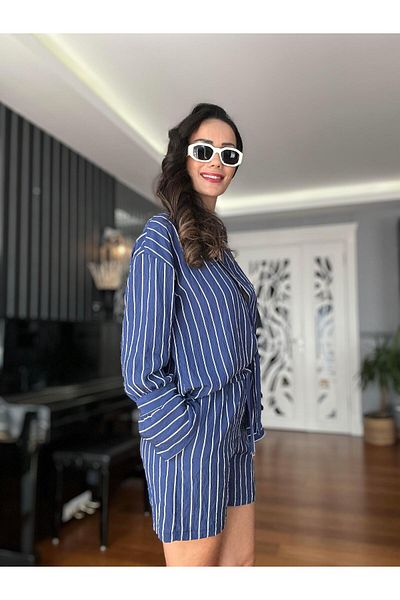 Atelier Derin Navy Blue Striped Shorts Shirt Set