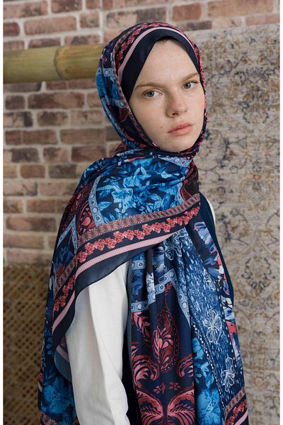 Fatma Atasoy Hibisca Navy Blue Ethnic Patterned Shawl