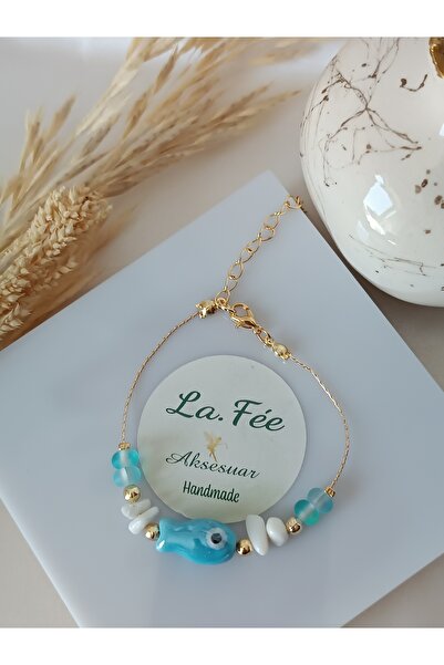 La fee aksesuar سمكة سيراميك زرقاء، كوارتز أزرق بلوري، حجر طبيعي، لؤلؤ باروكي حقيقي - سوار من الحجر الطبيعي، لون ذهبي