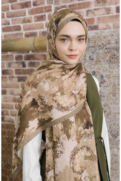 Fatma Atasoy Pigmentia Patterned Soft Khaki Crash Shawl