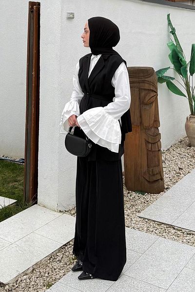 lamelif Slim Belted Vest Suit Black
