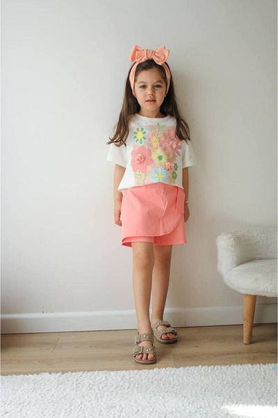 tutasteegiyim Summer Shorts Skirt Floral Combed Cotton T-Shirt Printed Fashionable Girl's Bottom Top Set.