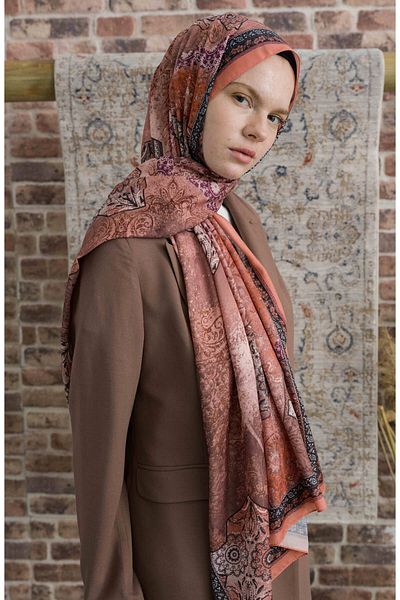 Fatma Atasoy Glorina Peach Ethnic Patterned Shawl