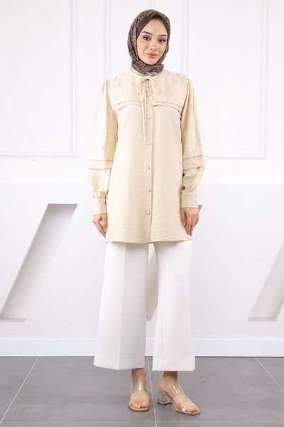 İmajButik Μπεζ γιακά λεπτομερή τουνίκ