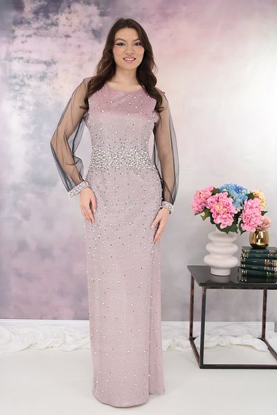 cupper Long pink lurex dress with rhinestones and pearls