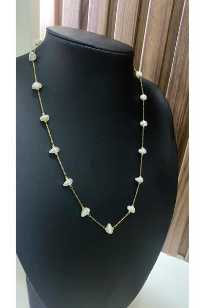 JustGAF الذهب اللون صف اللؤلؤ الخرز نظرة قلادة الصلب