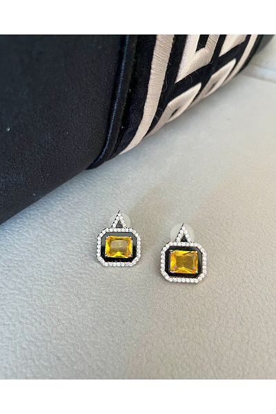 Asteria Jewelry Black Detailed Yellow Stone Earrings - Butter Yellow Earrings