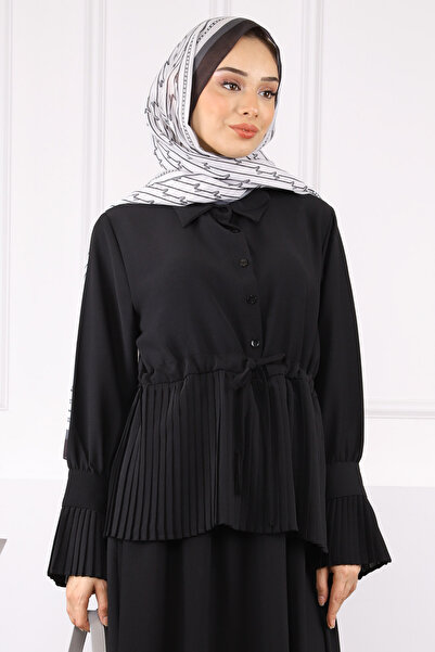 İmajButik Black Pleated Crepe Suit with Shirt Skirt