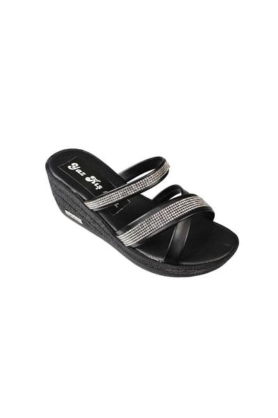 Yaz Kış Ayakkabı Yazkiş Women's Black Cross Stone 6cm Wedge Heel Slippers