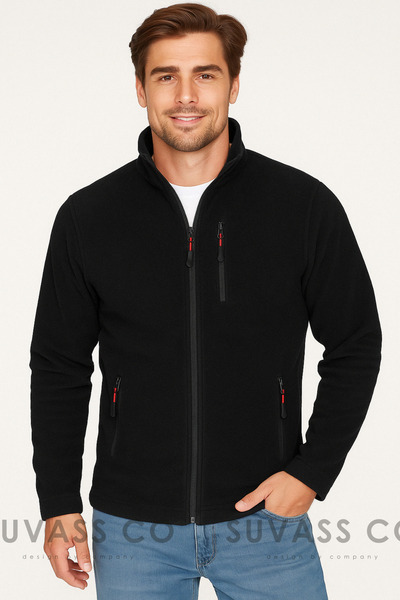 SUVASS CO Magco Unisex Siyah Bato Yaka Tam Fermuarlı 3 Cepli Outdoor Polar Ceket