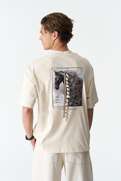 fame-stoned Μπλουζάκι Unisex 100% βαμβακερό εκρού με στάμπα, κέντημα, πλεκτό