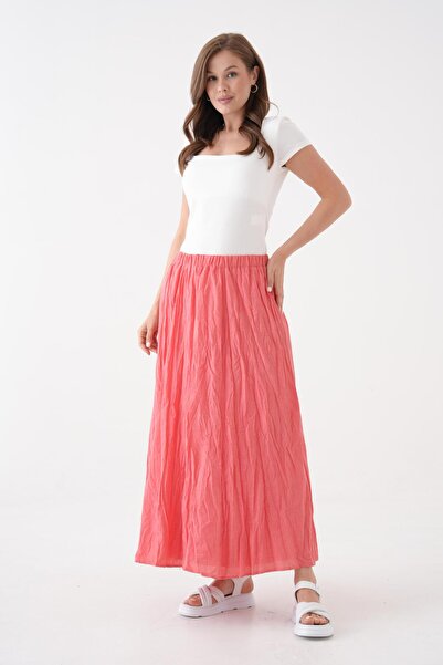 minaaise Women's Pomegranate Voile Fabric Crinkle Long Lined Skirt 29062