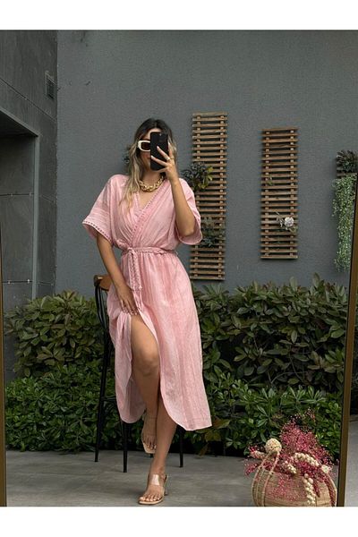 EGZOTİK ASORTİK Double Breasted Collar Mesh Belted Front Slit Lace Detailed Dress