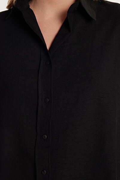 Tudors Kadın Slim Fit Dar Kesim Uzun Kollu Klasik Yaka Siyah Gömlek