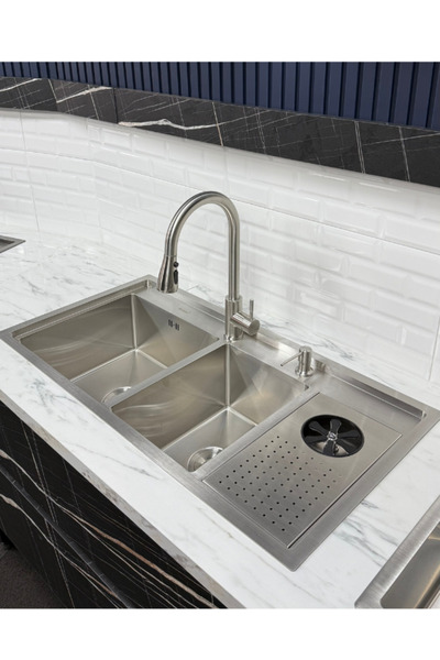 DUREVO Moderno Double Paslanmaz Çelik Bardak Yıkamalı 2 Göz Akıllı Mutfak Evyesi INOKS Renk 96x50cm