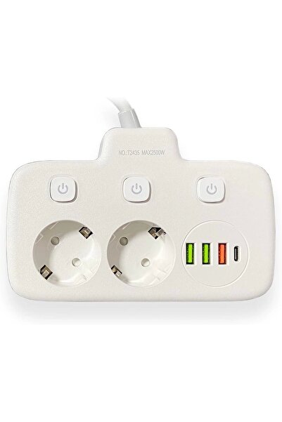 Vothoon Akım Korumalı 2'li Ayrı Anahtarlı Priz, 2x Priz, 3x USB, 1x Type-C, 2 mt Kablo, Hızlı Şarj