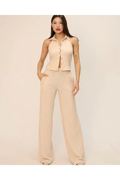 HARMONY GLOBAL Beige Button Halter Neckline Tank Top and Palazzo Pants Set – Summer Chic 7305
