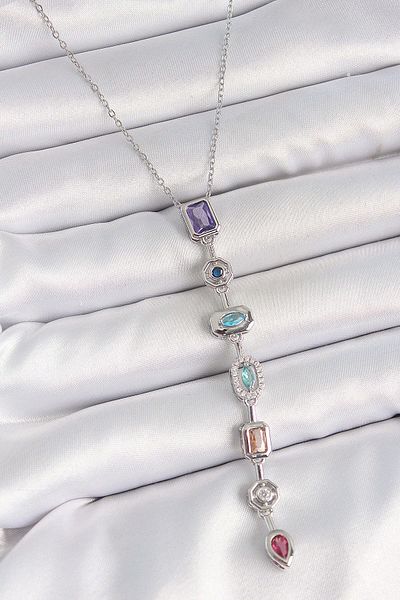 Avantaj Kapıda ® 316L Steel Silver Color Chain Zircon Stone Y Model Low-Cut Women's Necklace