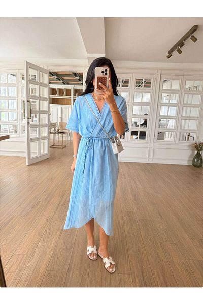 EGZOTİK ASORTİK Double Breasted Collar Mesh Belted Front Slit Lace Detailed Dress