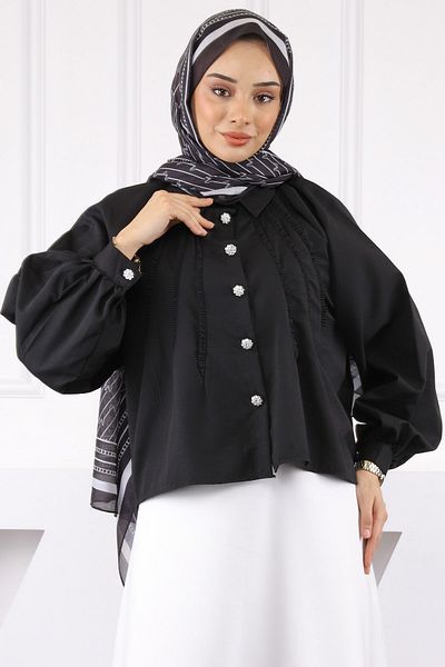 İmajButik Μαύρο κοντό πουκάμισο με λεπτομέρεια μπροστά