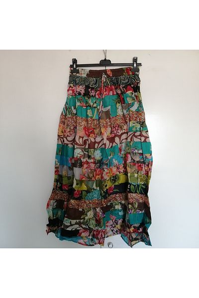 Butik Tülin Authentic cotton napkin multicolor patterned segmented tiered lining elastic lace-up long skirt Made in India