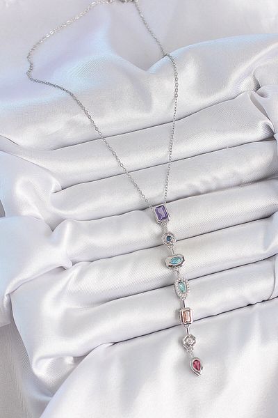 Avantaj Kapıda ® 316L Steel Silver Color Chain Zircon Stone Y Model Low-Cut Women's Necklace