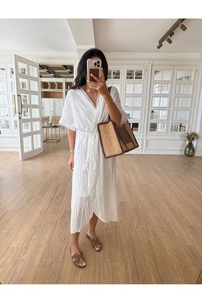 EGZOTİK ASORTİK Double Breasted Collar Mesh Belted Front Slit Lace Detailed Dress