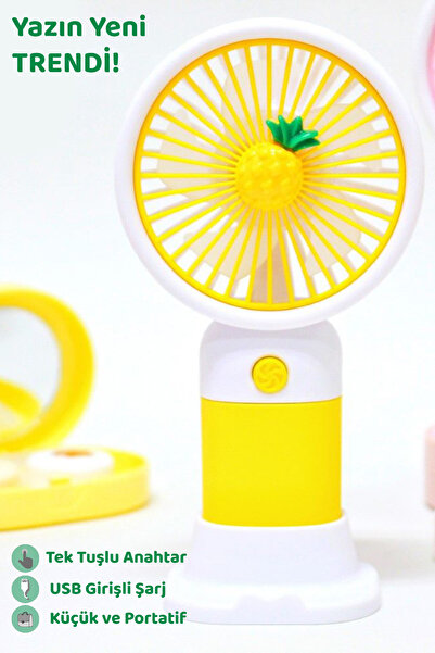 Meleni Home Ananas Figürlü Şarjlı El Fanı - Standlı Taşınabilir Şarj Edilebilir Soğutucu Mini Masa Fanı Sarı