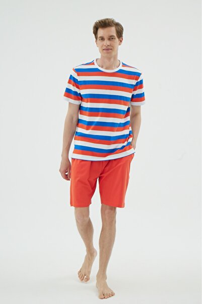 İPEKTENİM Чоловічий піжамний комплект з велосипедним коміром у червону смужку