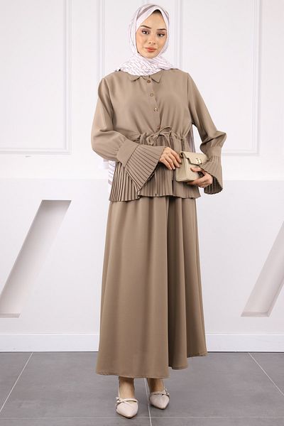 İmajButik Σετ κρεπ πλισέ πουκάμισο βιζόν με φούστα