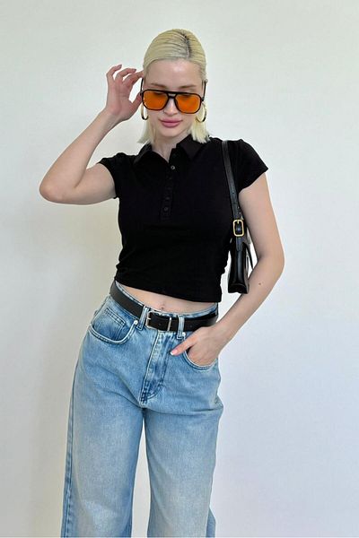 Madmext Black Polo Neck Basic Women's T-Shirt Mg2455