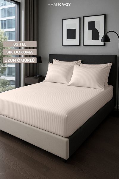MamCrazy Satin Stripe 100% Cotton Satin Double Striped Fitted Sheet Set with Pillow 160X200+30