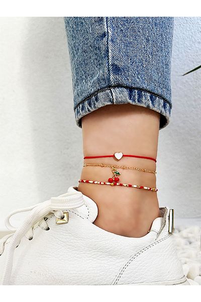 NevoAccessory Cherry Charm Anklet Set of 3 with Chain and Adjustable Drawstring