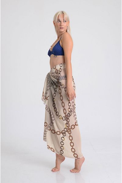 DESENİX Long Chain Print Pareo - 100X145 cm - Silky Chiffon & Luxury Satin Fabric Option - Beach Dress