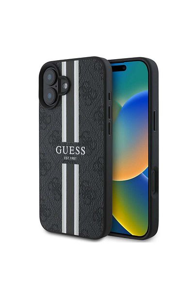 Guess Case for iPhone 16 Plus - Guess Hardcase 4G Printed Stripes MagSafe (GUHMP16MP4RPSK) - Black
