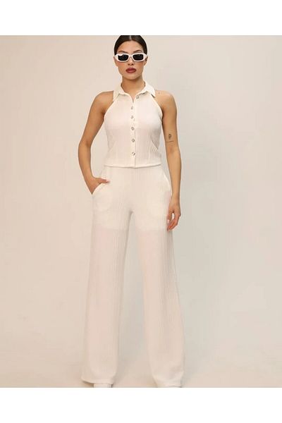 HARMONY GLOBAL White Button Halter Neckline Tank Top and Palazzo Pants Set – Summer Chic 7305