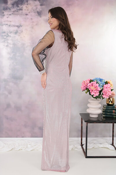 cupper Long pink lurex dress with rhinestones and pearls