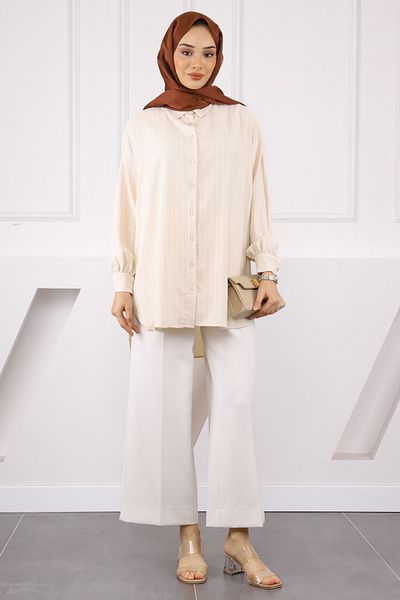 İmajButik Πέτρινο ριγέ casual πουκάμισο