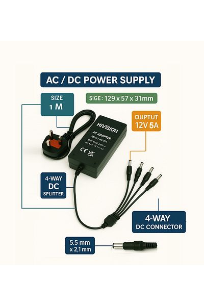 Generic Power Supply Adapter 100-240v Ac To 12v Dc 5a With 4-way Split Cable For Surveillance Camera/dvr